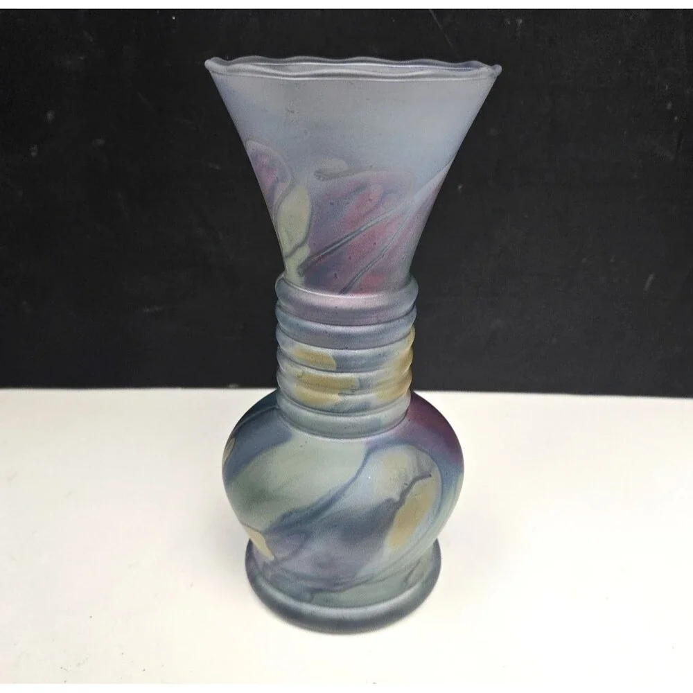 Rueven Nouveau Art Hand Painted Drip Satin Glass Vase w/ Applied Glass Swirl - Picture 3 of 11